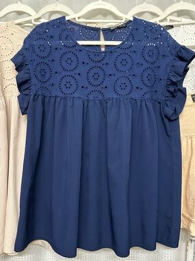 SHEIN Navy Blue Eyelet Peplum Flutter Sleeve Top